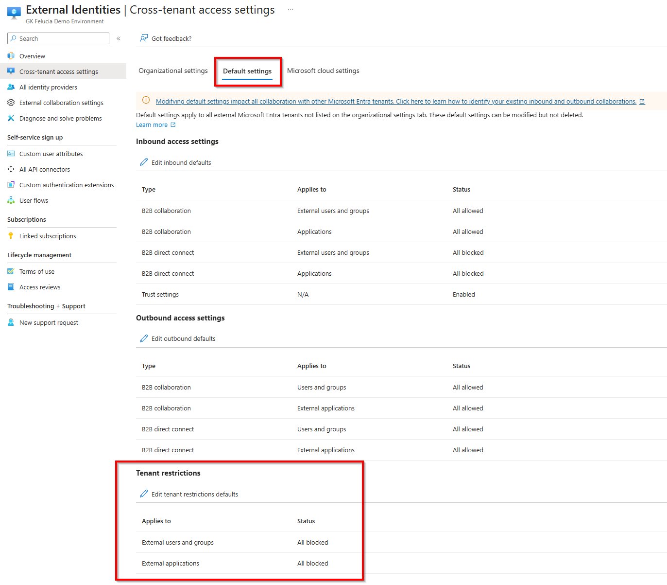 Default settings – Tenant Restrictions